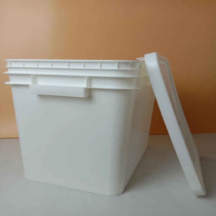 Printed 25 Litre Square White Plastic Bucket for Food with Different Color Lid and White Handle